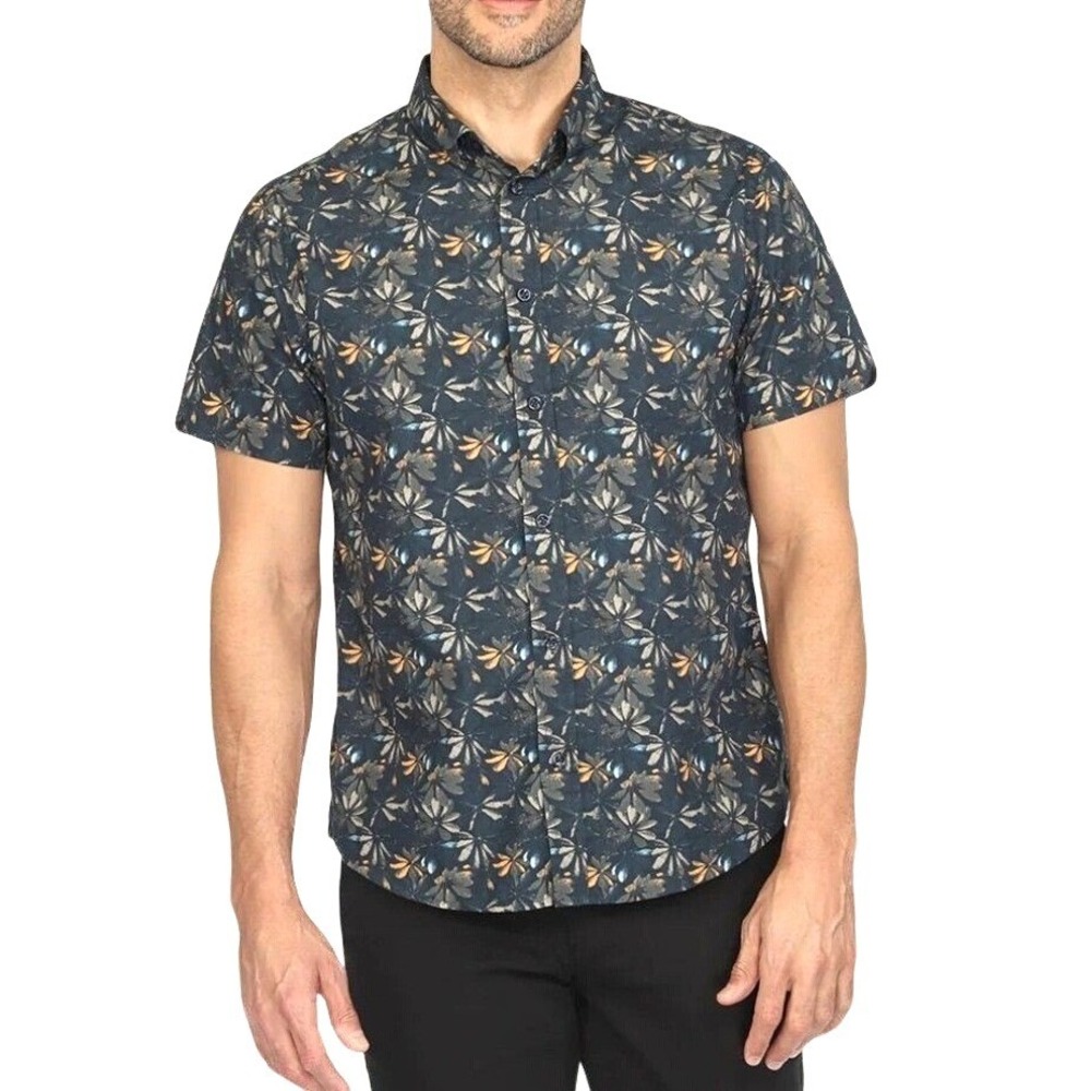 Vustra Men's Floral Organic Cotton Short Sleeve Button Down Navy Shirt XXL